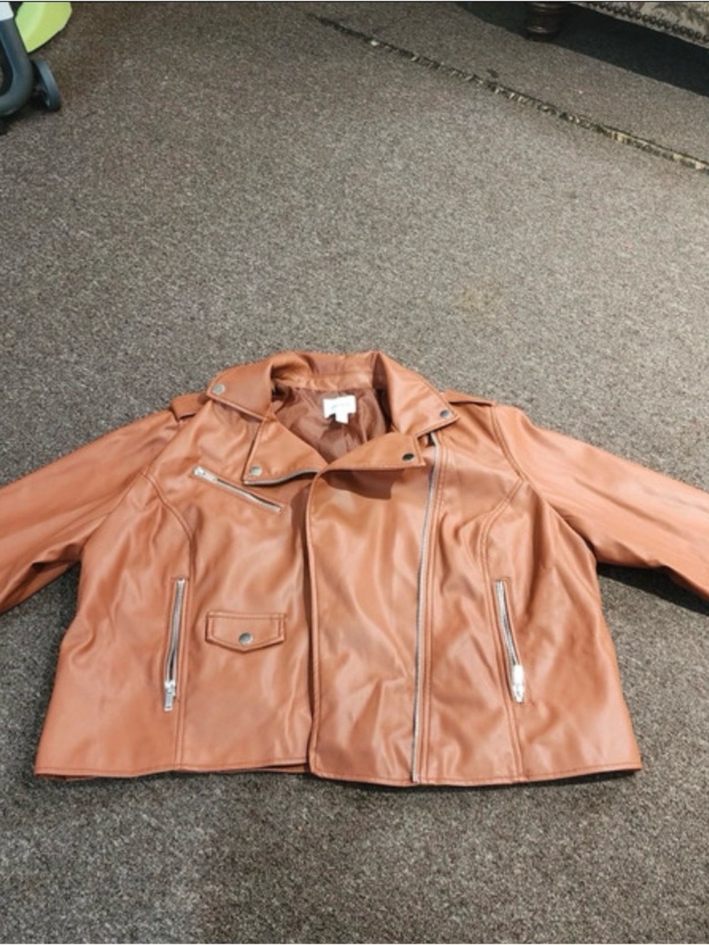 Nine West Cognac Vegan Faux Leather Moto BikerJacket Sz 1X Lined Classic - Picture 3 of 5